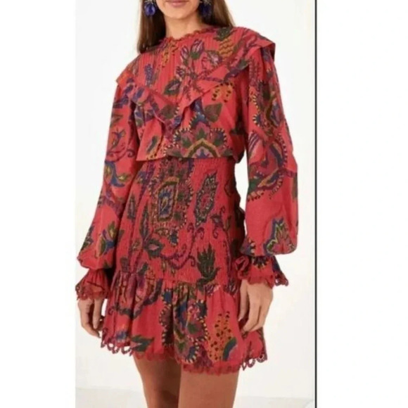 NWT $230 Farm Rio Smocked Sunset Tapestry Pink Floral Pineapple Mini Dress XS - Picture 1 of 16